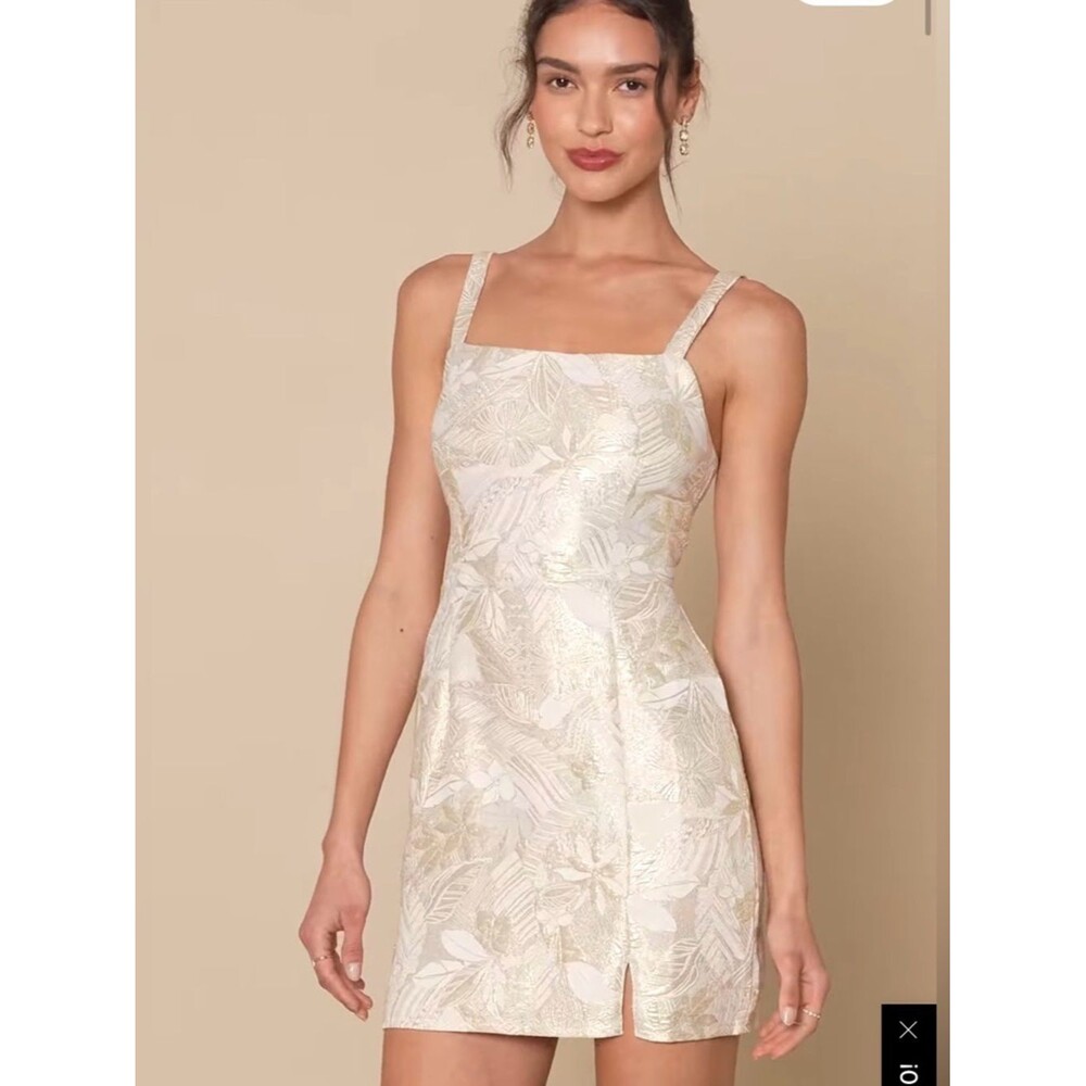Lulus Shine for Us Cream Metallic Tropical Jacquard Mini Dress Size Small Bridal